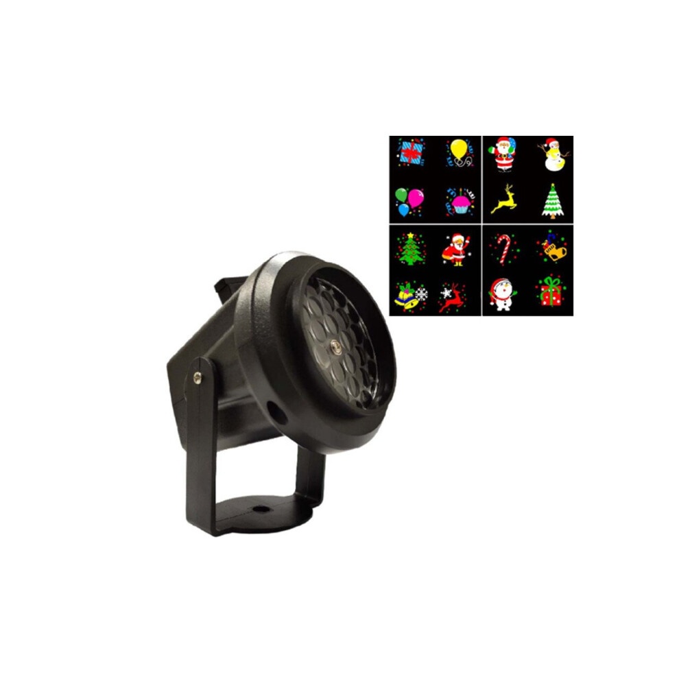 Black multi-patterned Christmas projector light with a circular lens, featuring colorful holiday designs like snowmen, trees, and gifts displayed on a screen.