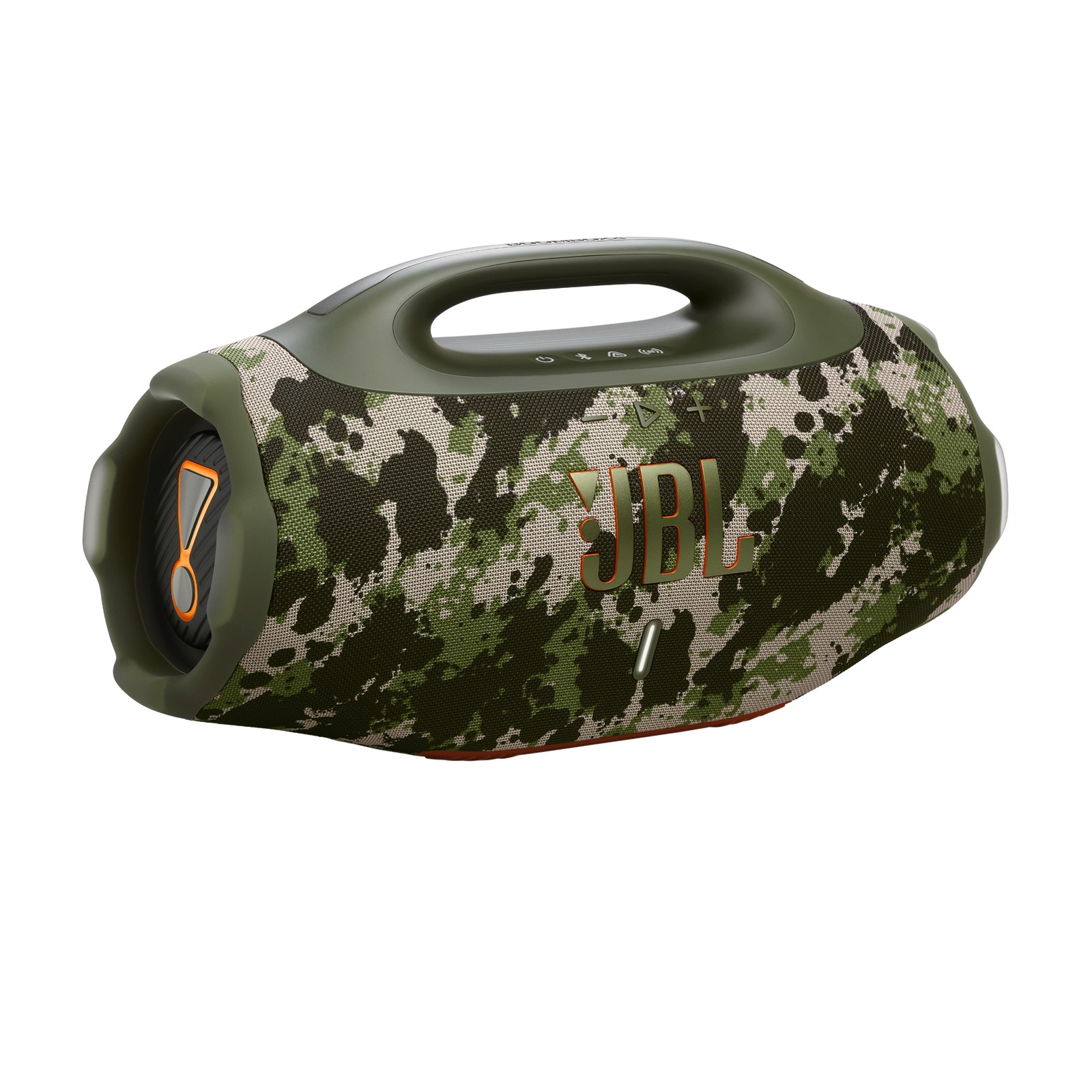 JBL Boombox 4 Squad features a rugged camouflage design with a sturdy green handle, orange JBL logo, and a durable exterior, ideal for outdoor use.