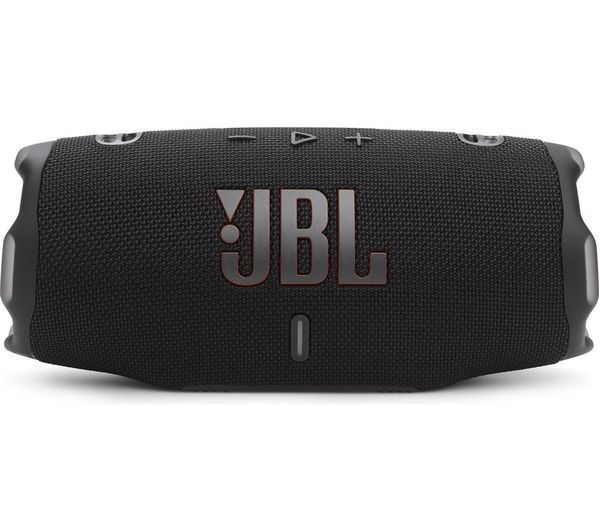Black JBL Charge 6 portable speaker features a textured fabric exterior, prominent JBL logo, and control buttons on the top for easy playback and volume adjustment.