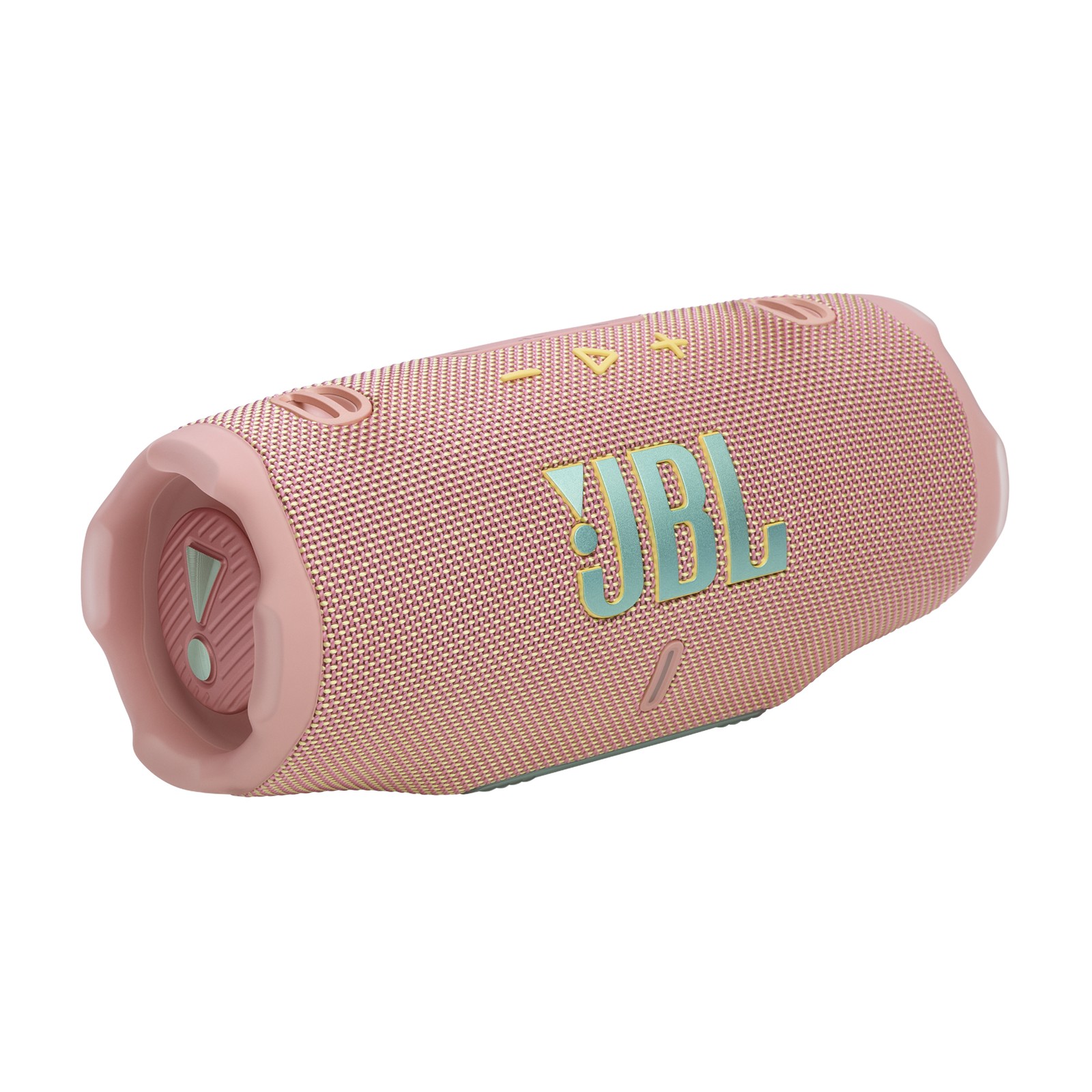Pink JBL Charge 6 portable speaker featuring a textured fabric exterior, prominent JBL logo, and control buttons on top, designed for durability and enhanced sound quality.
