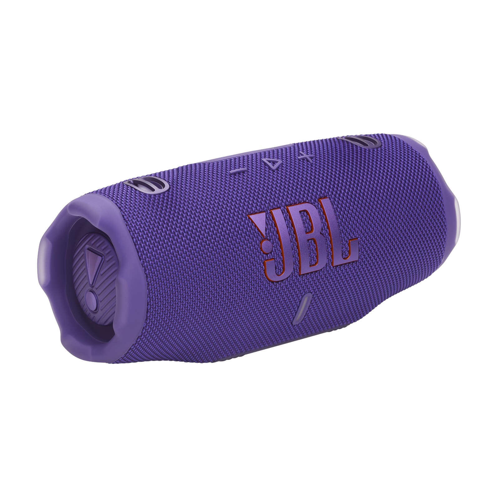 Purple JBL Charge 6 portable speaker with a textured fabric exterior, prominent JBL logo, and control buttons on the top for easy operation.