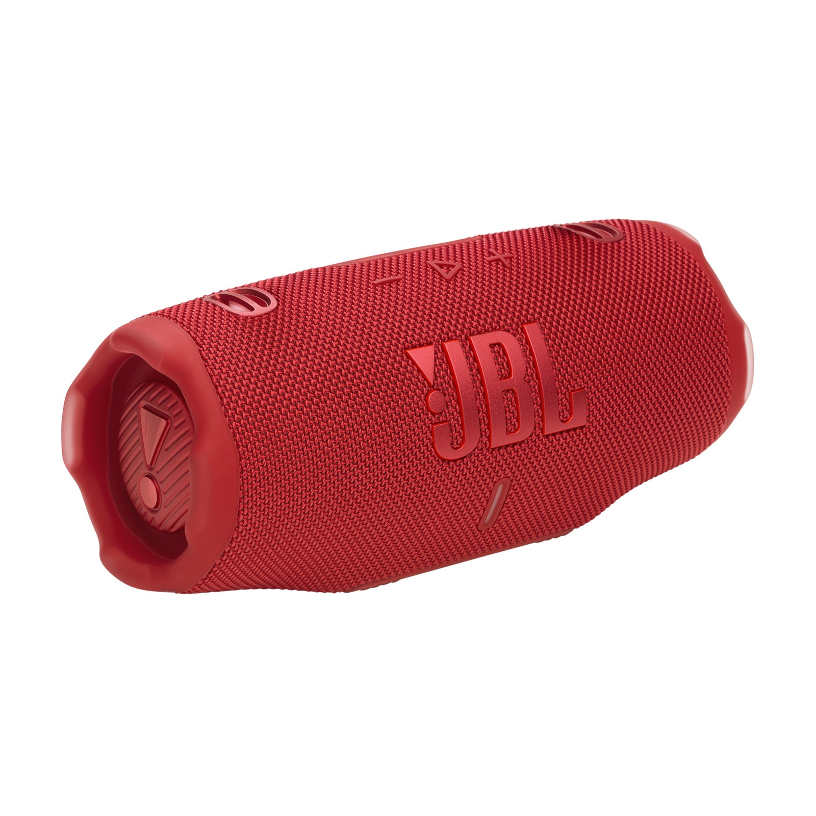 Red JBL Charge 6 portable speaker features a textured surface, prominent JBL logo, and a sturdy design, ideal for outdoor use with a durable, water-resistant build.