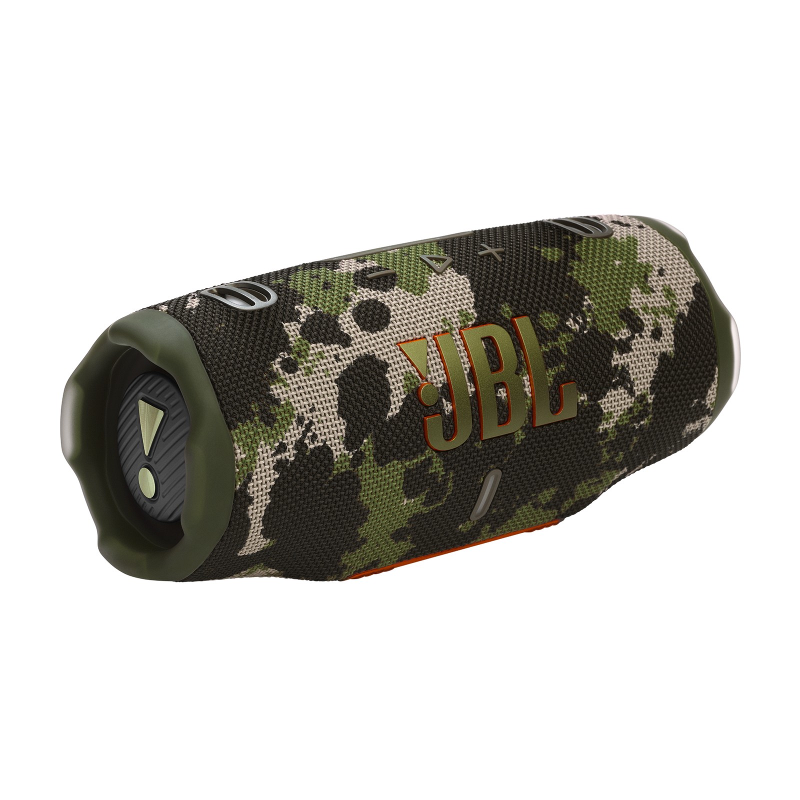 Portable Bluetooth speaker featuring a camouflage design in green and black, with a prominent orange JBL logo and rugged exterior for durability.