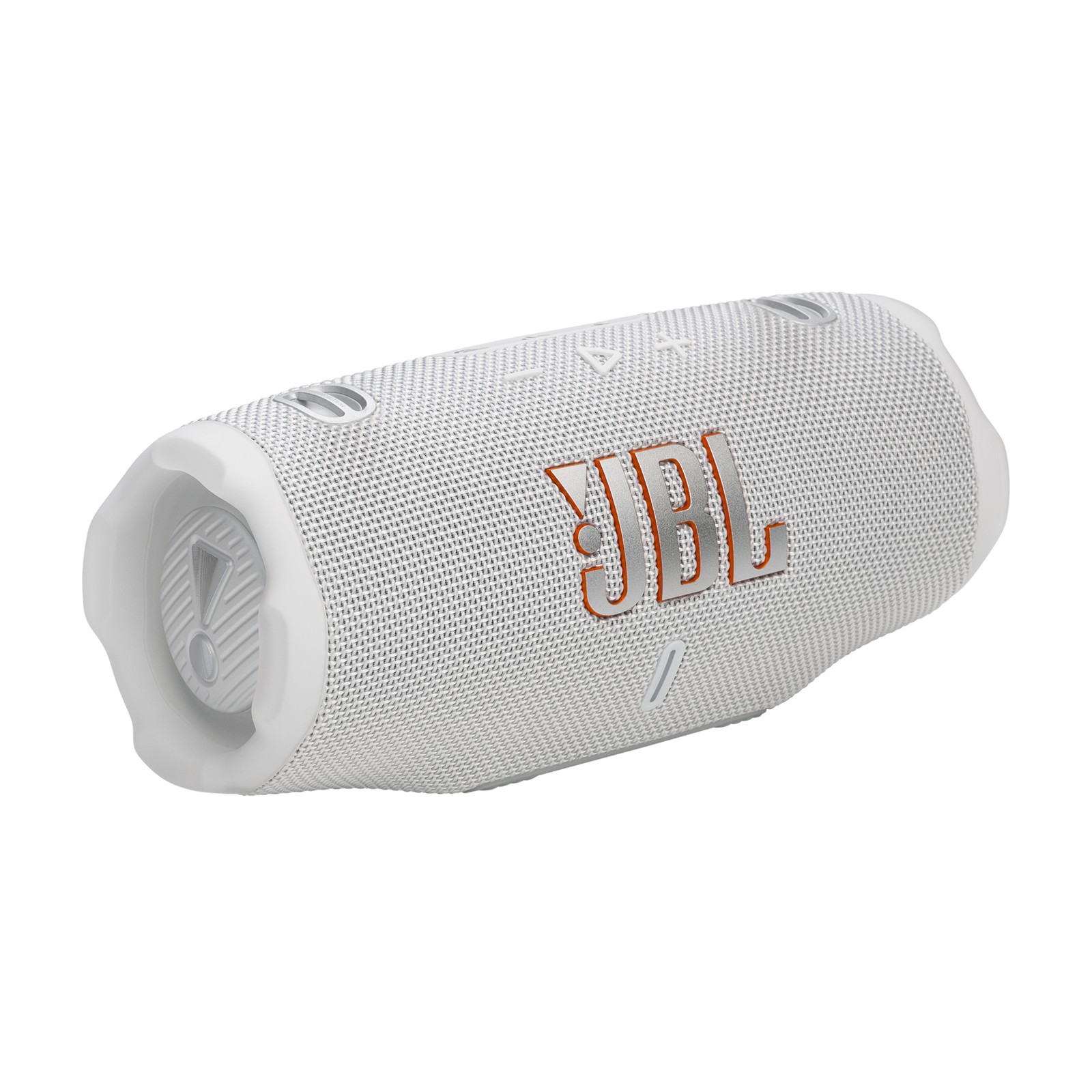 White JBL Charge 6 portable speaker featuring a textured fabric exterior, prominent orange JBL logo, and rounded shape with control buttons on the top.