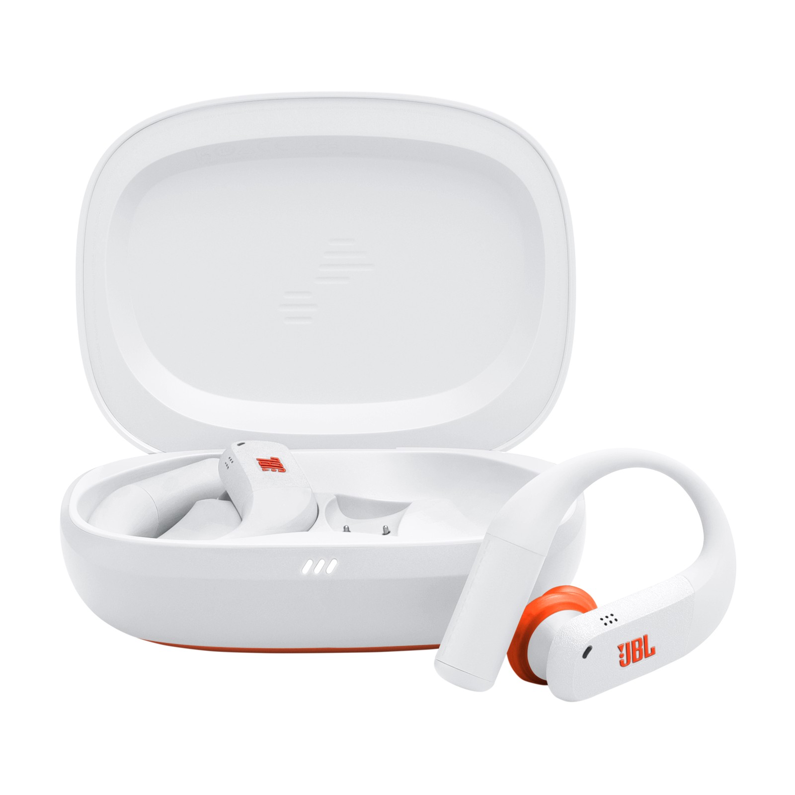 JBL Endurance Peak 4 in white with orange accents, featuring a sleek design, wireless earbuds, and a compact charging case.