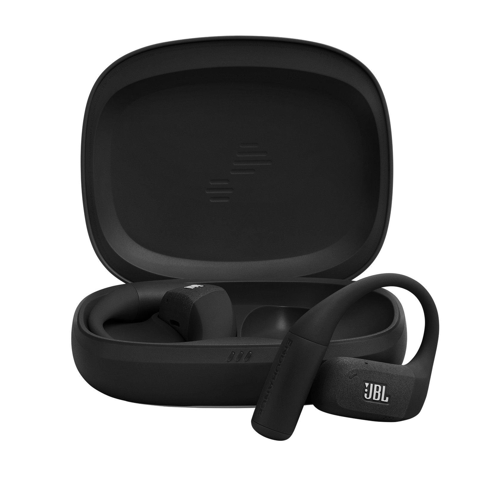 Black and grey JBL Endurance Zone wireless earbuds in a charging case, featuring a sleek design with ear hooks for secure fit and JBL branding on the side.