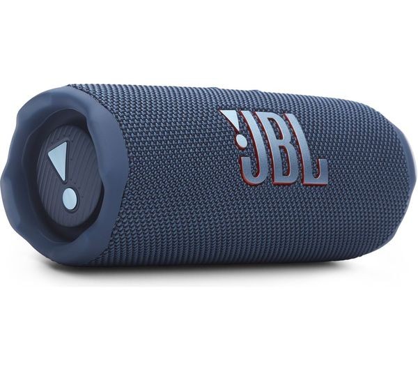 Blue JBL Flip 7 portable speaker features a textured fabric exterior, rounded edges, and a prominent JBL logo, designed for durability and enhanced sound quality.