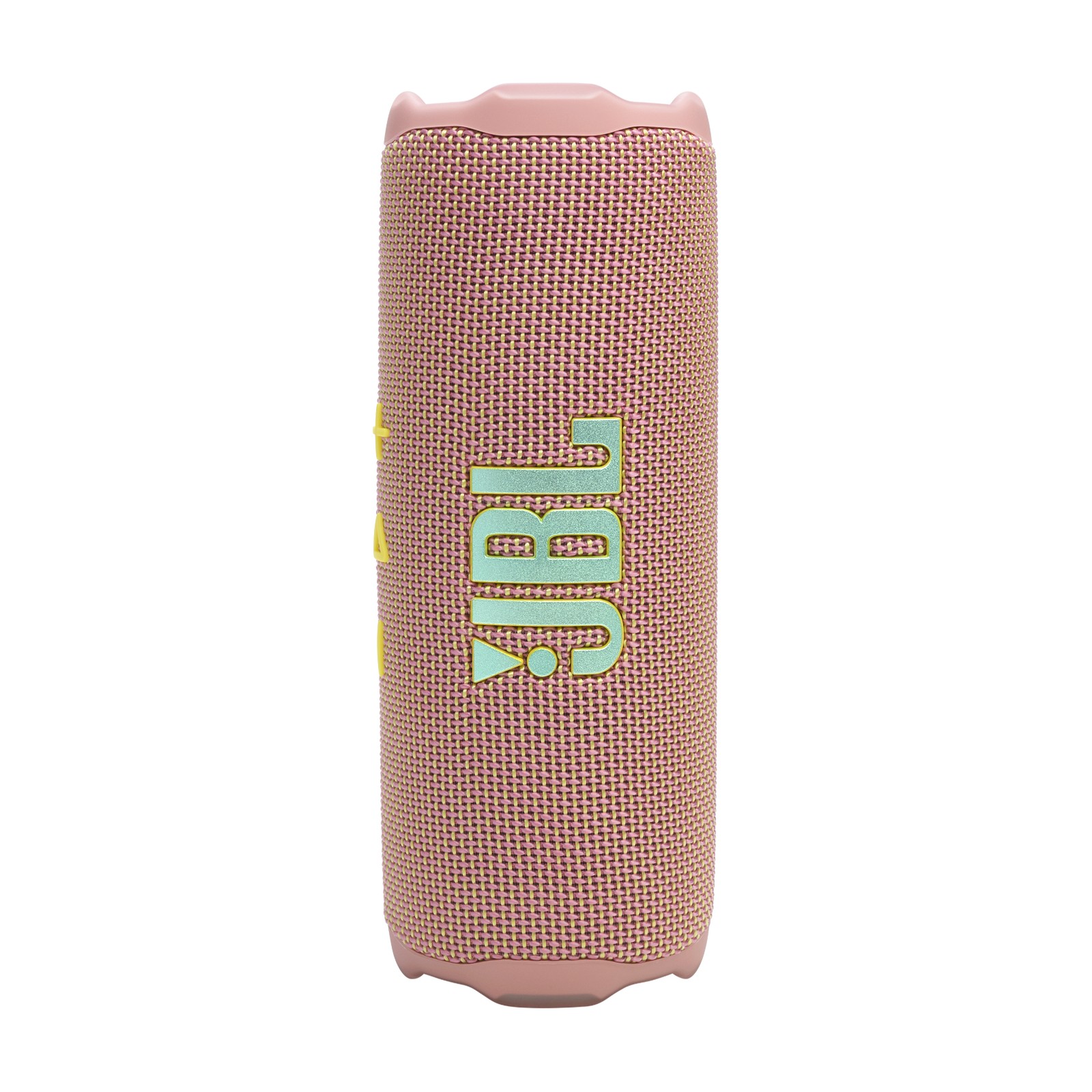 Pink JBL Flip 7 portable speaker features a textured fabric exterior, prominent JBL logo, and control buttons on the side, designed for durability and outdoor use.