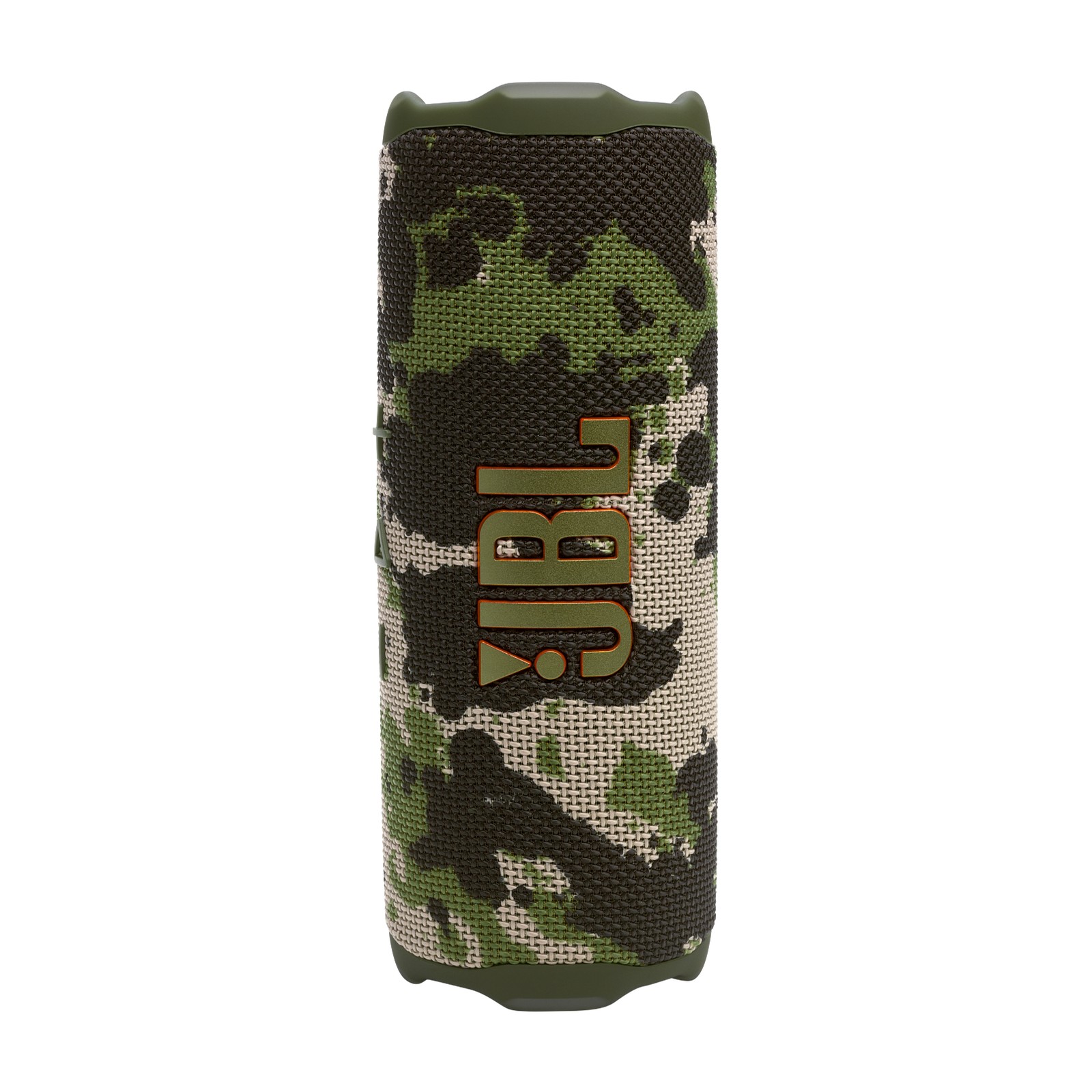 Portable JBL Flip 7 Squad speaker features a rugged camouflage pattern in green and beige, with a prominent orange JBL logo on the front and a durable fabric exterior.