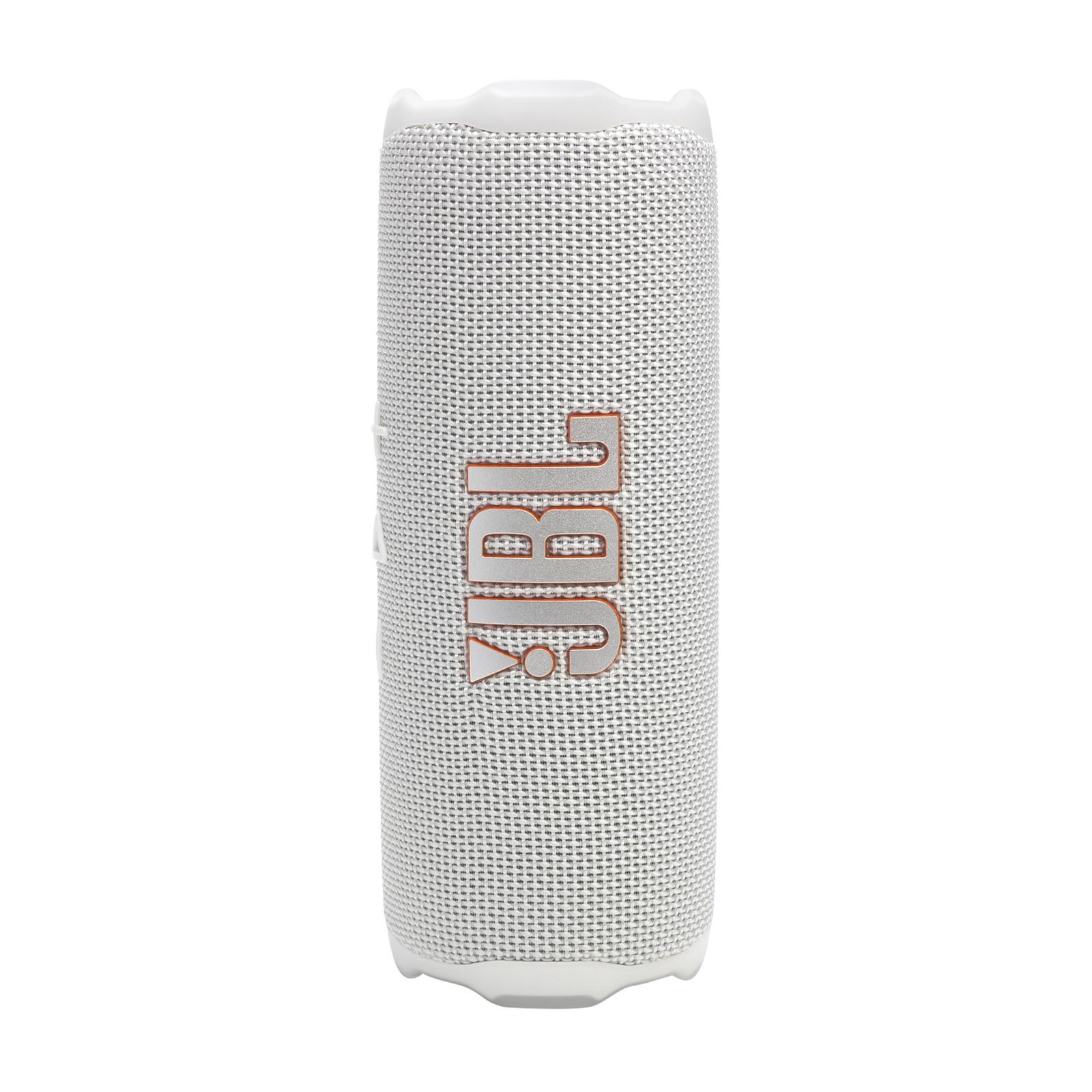 White JBL Flip 7 portable speaker featuring a textured fabric exterior, rounded edges, and a prominent orange JBL logo on the front.