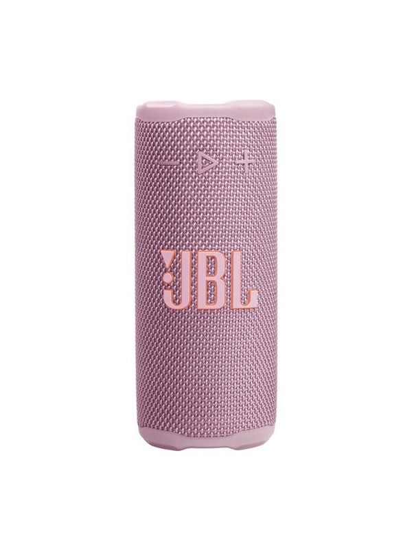 Compact pink portable speaker with a textured mesh surface, featuring control buttons and a prominent JBL logo on the front.