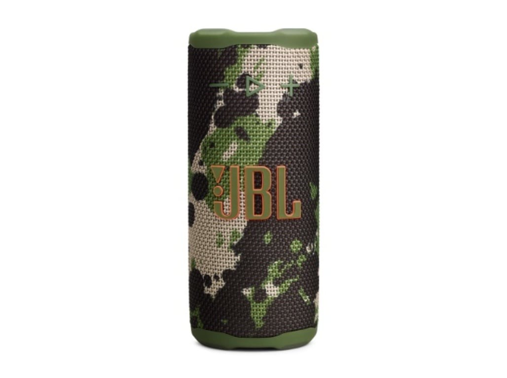 Portable Bluetooth speaker with a camouflage design in green and black, featuring a textured fabric exterior and the JBL logo prominently displayed in gold.