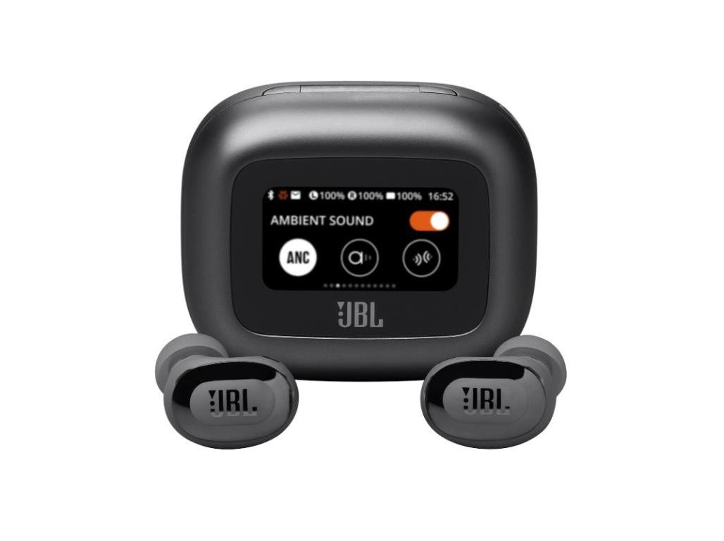 Black JBL Live Buds 3 with a compact charging case featuring a touchscreen display, showing battery status and ambient sound controls.
