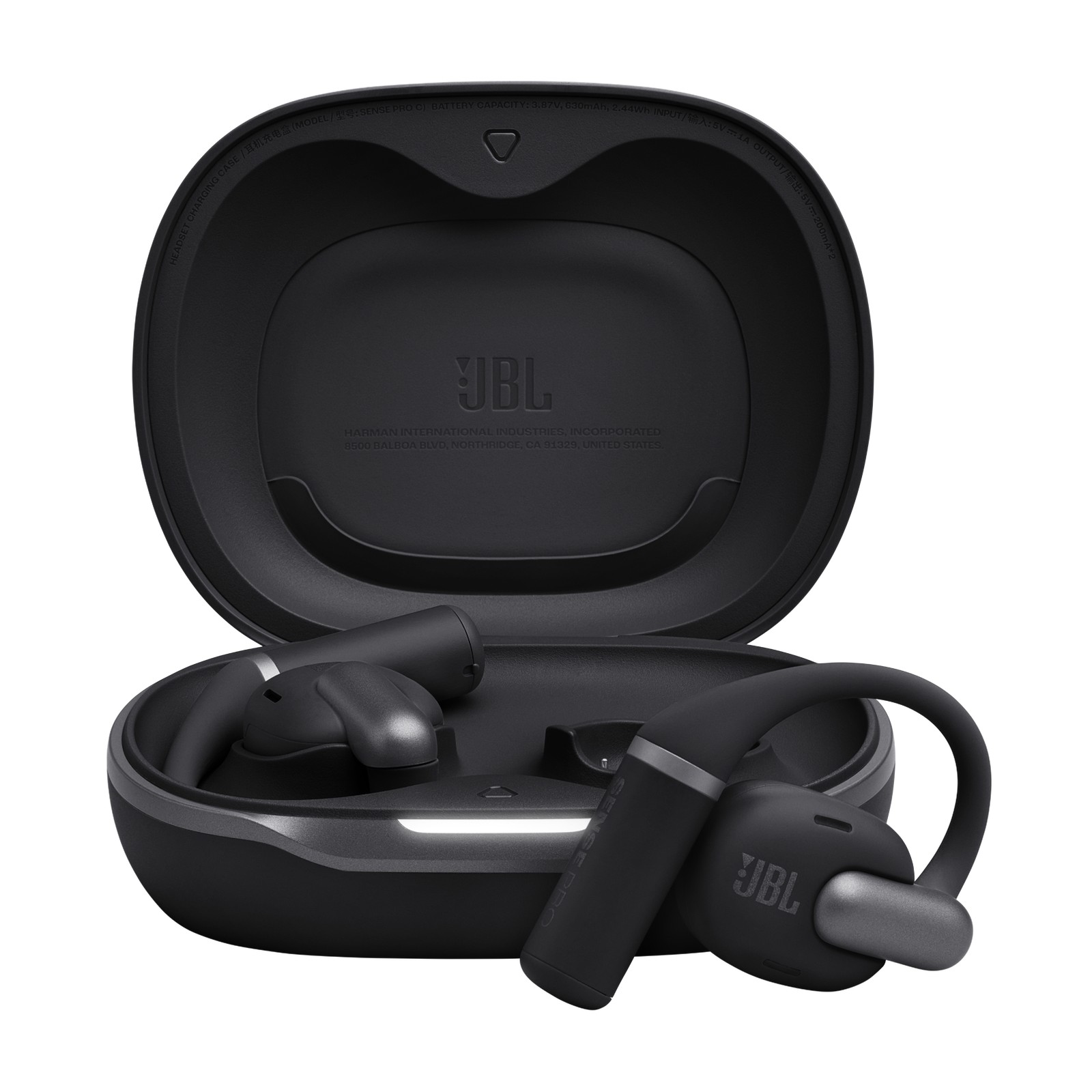 Black JBL Sense Pro earbuds in a sleek charging case, featuring a smooth finish, ergonomic design, and JBL logo prominently displayed on the case interior.