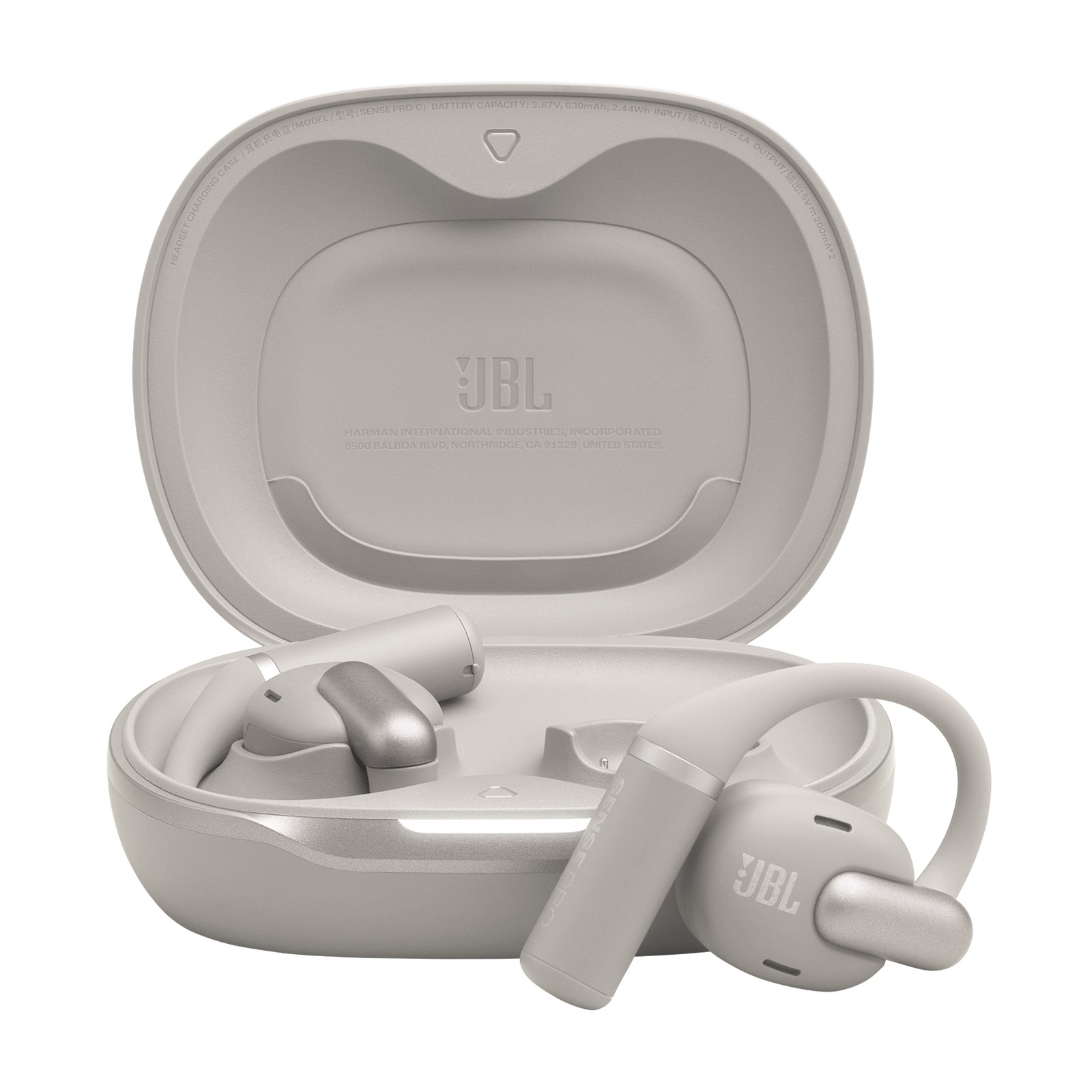 Wireless earbuds in grey with a sleek design, featuring a charging case that is smooth and rounded, embossed with the JBL logo on the lid.
