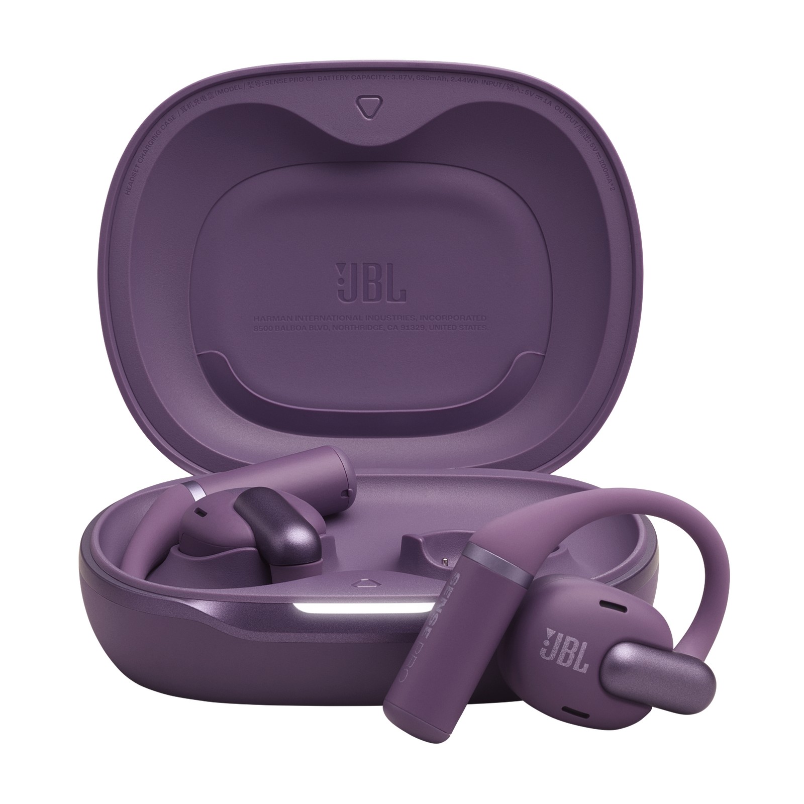 Purple JBL Sense Pro earbuds in a matching charging case, featuring a sleek design with a glossy finish and the JBL logo prominently displayed.