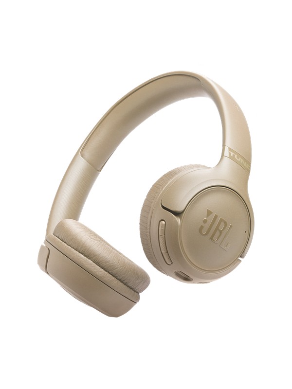 Beige JBL Tune 530BT headphones featuring soft ear cushions, adjustable headband, and prominent JBL logo on the ear cup.