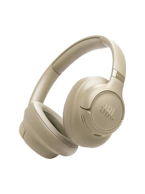 Beige JBL Tune 730BT wireless over-ear headphones with cushioned ear cups, adjustable headband, and a sleek, modern design.