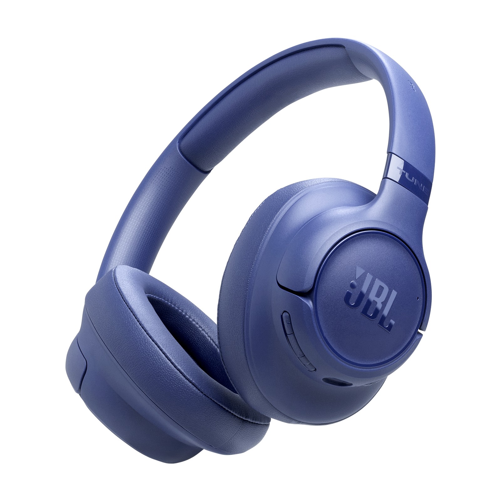 Blue JBL Tune 730BT wireless Bluetooth headphones with cushioned ear cups, adjustable headband, and control buttons on the side for easy access.