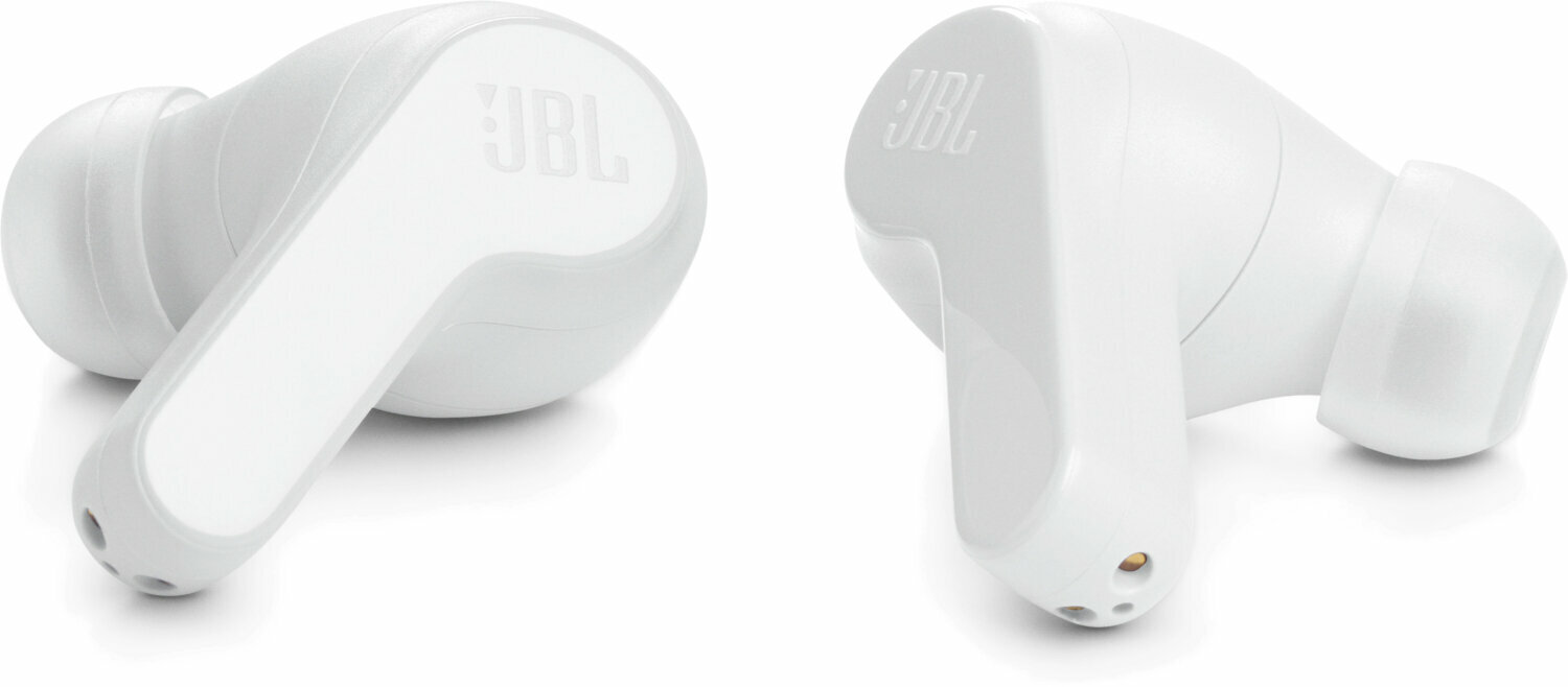 White JBL Wave 200 TWS in-ear headset featuring a sleek design, Bluetooth connectivity, and prominent JBL logo on the surface.