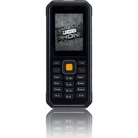 Black JCB rugged phone with 2.4" screen, orange center button, and textured keypad.