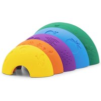 Colorful silicone stacking arches in rainbow hues with textured patterns, featuring yellow, orange, red, blue, and green.