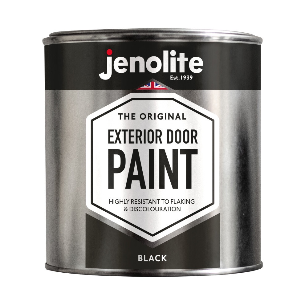 Black 1-litre tin of JENOLITE Exterior Door Paint, labeled "THE ORIGINAL," designed for metal and wood doors, featuring a hexagonal logo and text highlighting its resistance to flaking and discolouration.