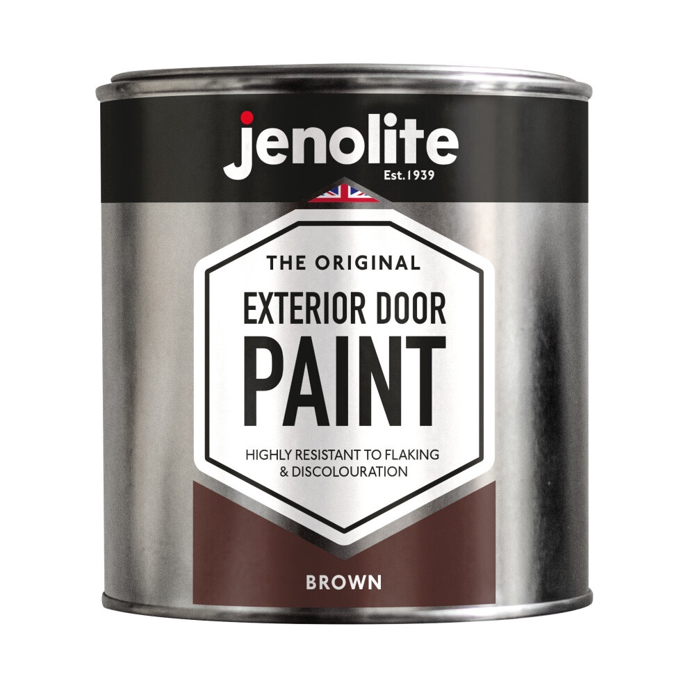 Brown 1-litre tin of JENOLITE Exterior Door Paint, labeled "THE ORIGINAL EXTERIOR DOOR PAINT," highlighting its resistance to flaking and discoloration.