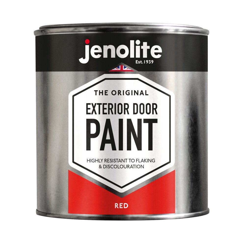 Red exterior door paint in a 1-litre metal can, featuring a hexagonal label with bold black text, and the Jenolite logo at the top.