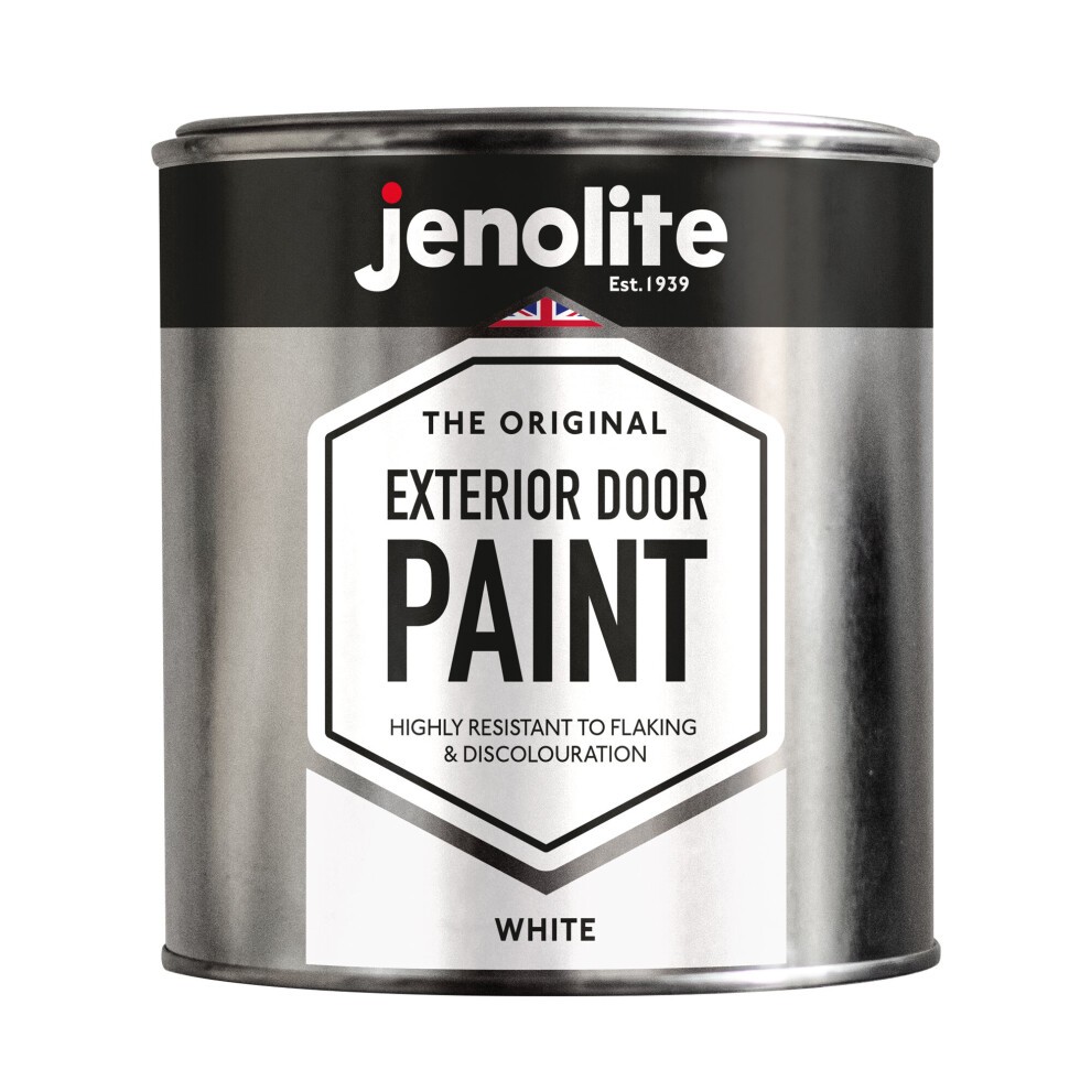 White 1-litre tin of JENOLITE Exterior Door Paint, featuring a hexagonal label with bold text, indicating it's suitable for metal and wood doors, and resistant to flaking and discolouration.