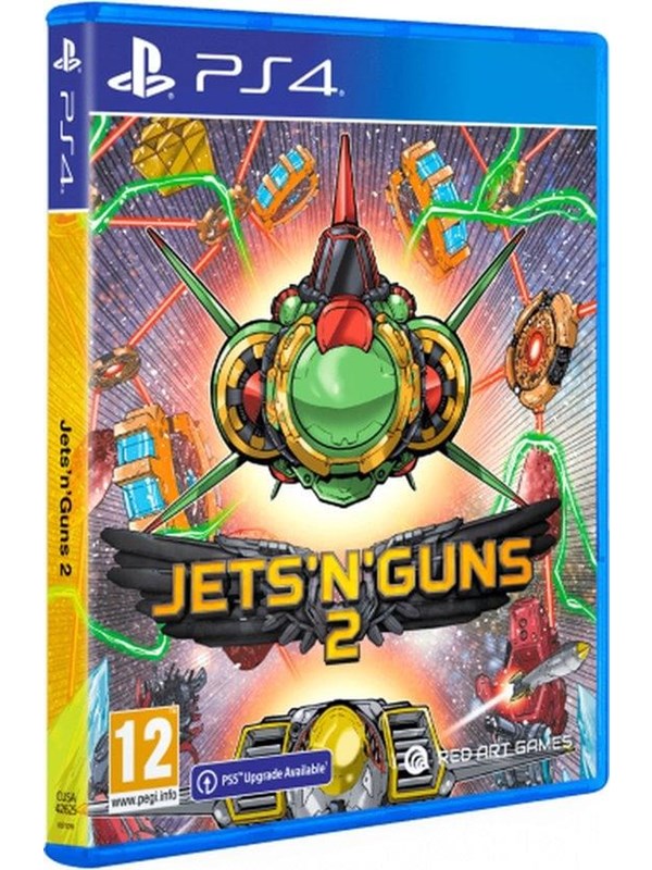 Colorful PS4 game cover featuring a vibrant green jet with a large circular cockpit, surrounded by various weapons and explosions, with "JETS 'N' GUNS 2" prominently displayed.