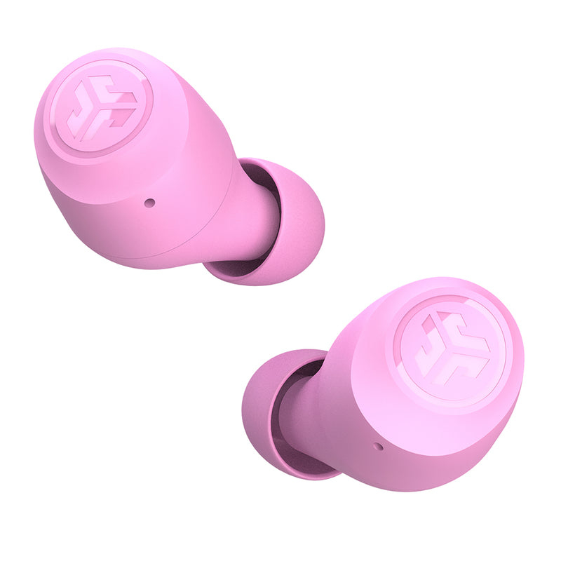 Pink JLab Go Air POP True Wireless in-Ear Earbuds featuring a sleek design, logo on the outer casing, and silicone ear tips for a comfortable fit.
