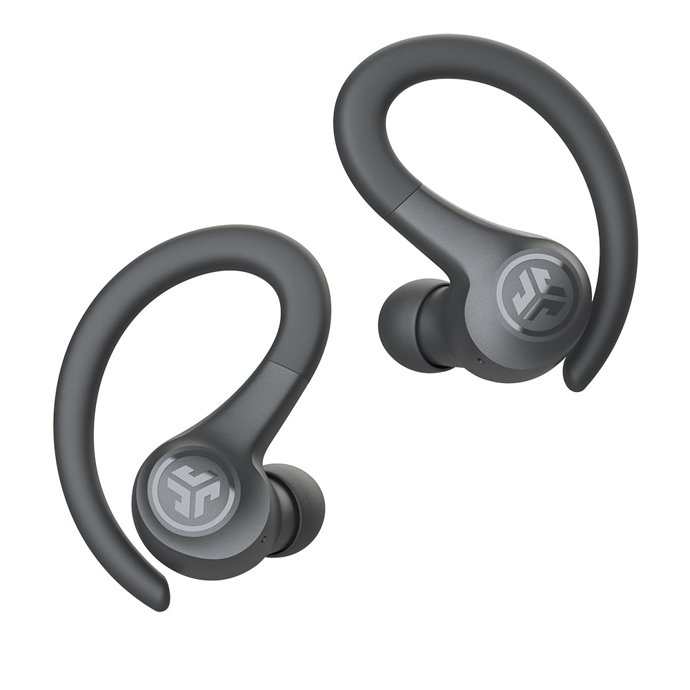 Neon yellow JLab Go Air Sport true wireless earbuds with a secure ear hook design, featuring Bluetooth connectivity and a sleek, lightweight build for active use.
