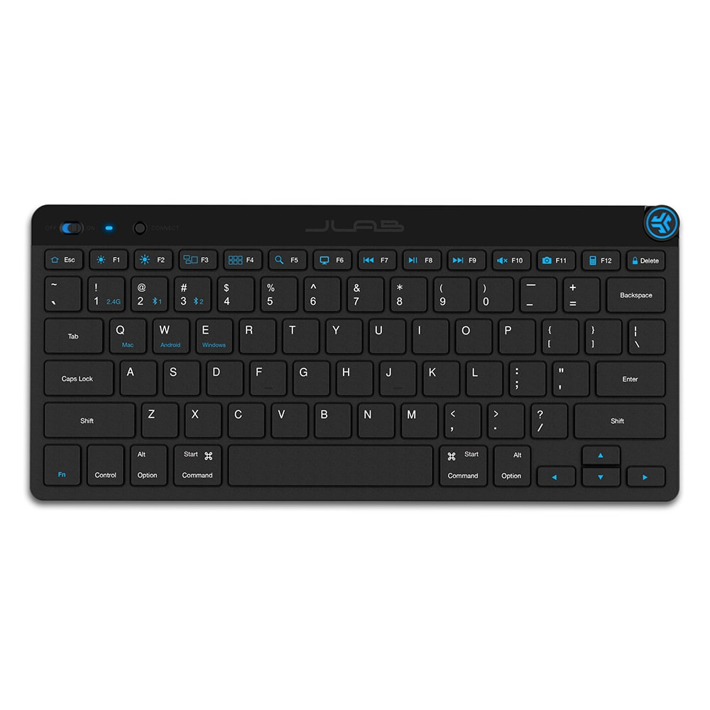 Black QWERTY Bluetooth keyboard featuring a sleek design, compact layout, and blue accent keys, ideal for universal compatibility with devices.