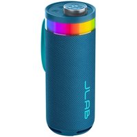 Navy blue JLab Go Party speaker, cylindrical with mesh texture, LED light ring on top, and logo on side.