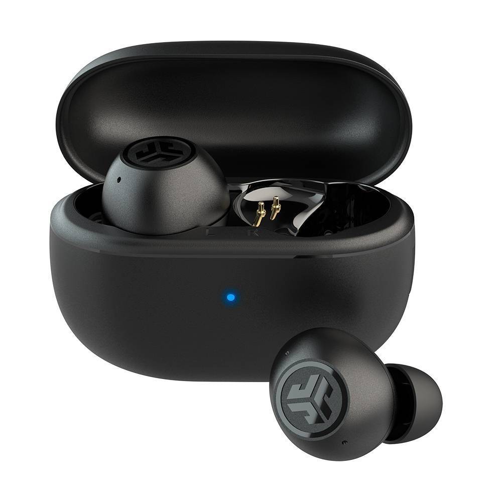 Black JLab Go Pop Bluetooth earbuds resting in a compact charging case, featuring a glossy finish, gold connectors, and a blue LED indicator on the case.