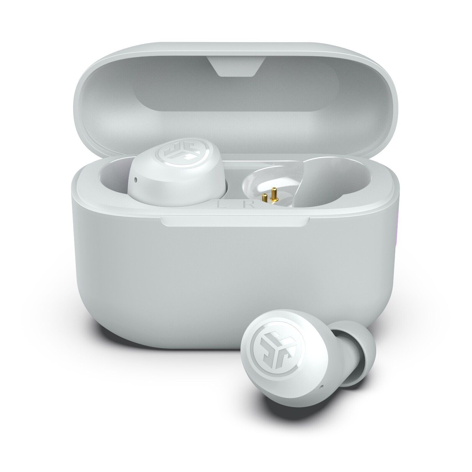 White JLab Go Pop+ True Wireless Stereo earbuds in a charging case, featuring a sleek design, rounded shape, and gold charging pins, ideal for calls and music.