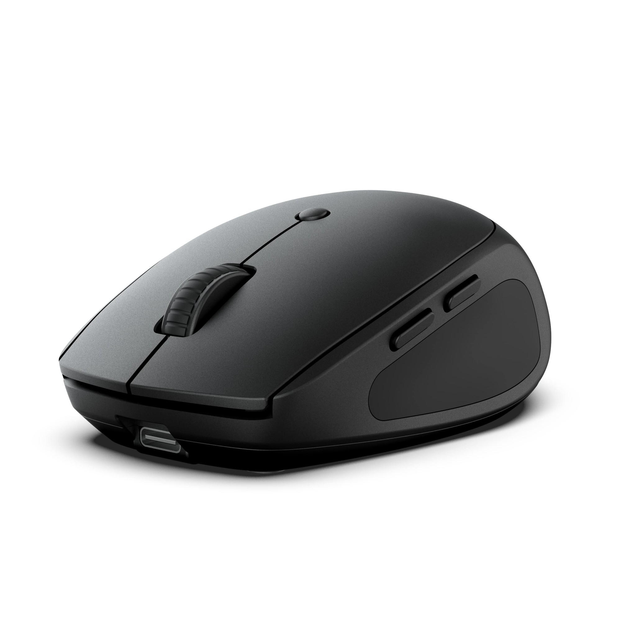 Wireless black mouse with a sleek design, textured scroll wheel, side buttons, and a USB charging port at the front, featuring a smooth plastic finish.