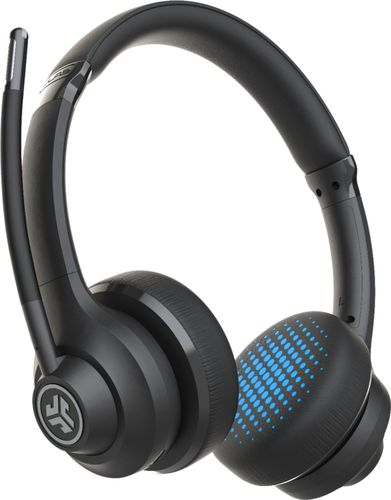 Black wireless on-ear headphones with a sleek design, featuring a flexible microphone, cushioned ear cups, and blue accent detailing on the ear pads.
