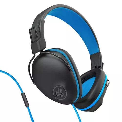 Blue and black wired kids headphones featuring cushioned ear cups, adjustable headband, and a bright blue interior with a durable design.