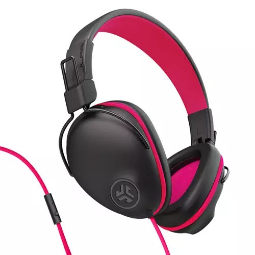 Pink and black JLab JBuddies Pop wired kids headphones featuring cushioned ear cups, adjustable headband, and a bright pink cable.