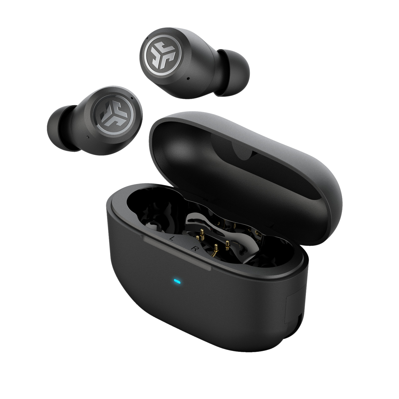 Black JLab Audio JBuds ANC 3 True Wireless Earbuds with a sleek charging case, featuring a glossy finish and the JLab logo on each earbud.