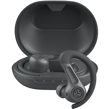 Graphite JLab JBuds Sport ANC 4 earbuds with a sleek design, featuring a secure fit and a charging case, showcasing LED indicators and ergonomic ear hooks.