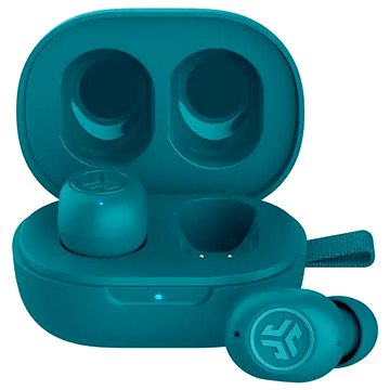 Teal Jlab Jbuds Mini True Wireless Earbuds in a matching charging case, featuring Bluetooth multipoint, IP55 rating, three EQ modes, and clear call functionality.