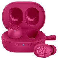 Pink JLab JBuds Mini TWS in-ear headphones with compact charging case and Bluetooth connectivity.