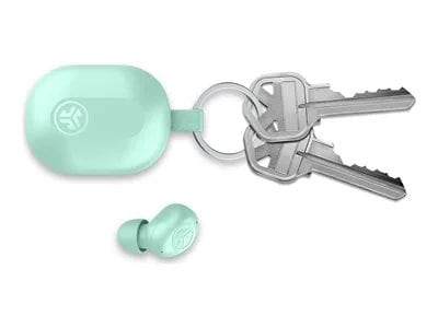Mint green JLab JBuds Mini True Wireless Earbuds with a glossy charging case, accompanied by a set of silver keys for scale.