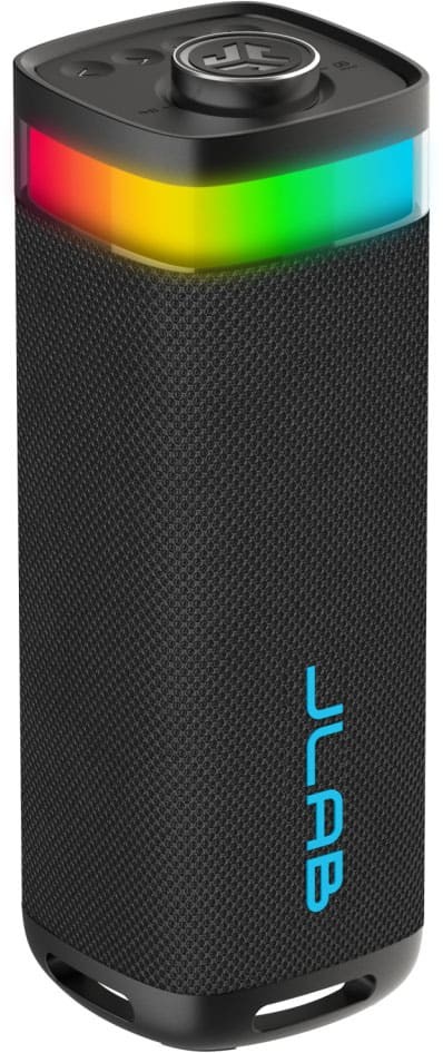 Black portable Bluetooth speaker with a textured finish, featuring a colorful LED light strip at the top and a prominent blue JLab logo on the front.