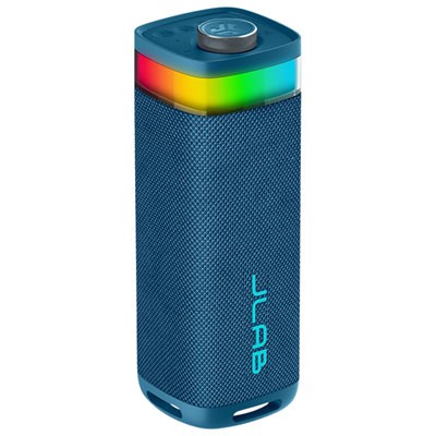 Navy portable Bluetooth speaker with a textured fabric finish, colorful LED light strip at the top, and a prominent JLab logo on the front.