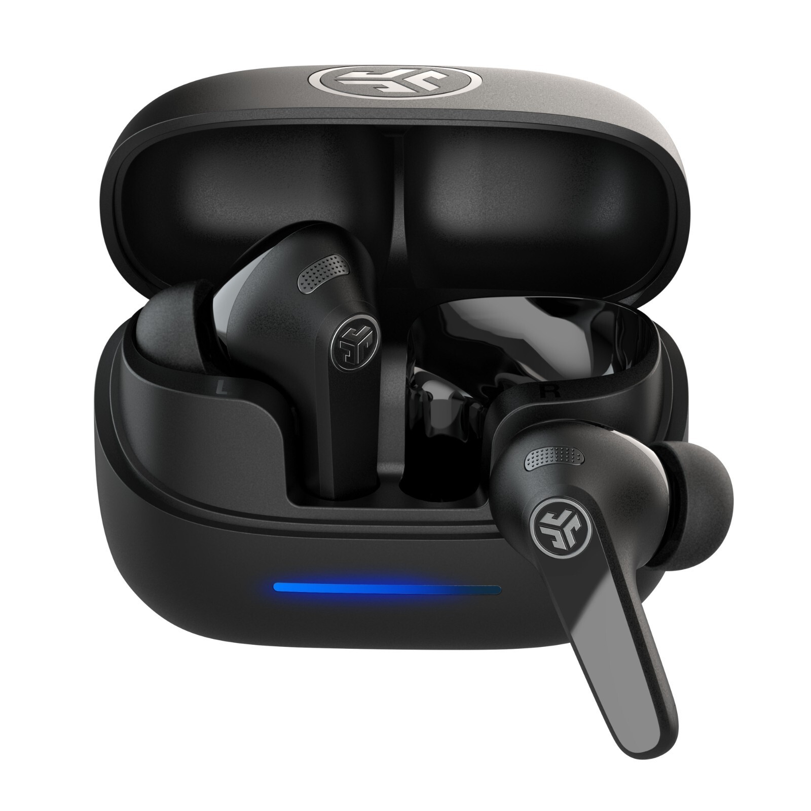 Black JLab JBuds Pods ANC True Wireless Earbuds in a charging case, featuring a sleek design, glossy accents, and an LED indicator light.