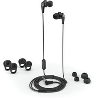 Black JLab Jbuds PRO wired in-ear headphones with inline remote, extra ear tips, and cushioned ear hooks.